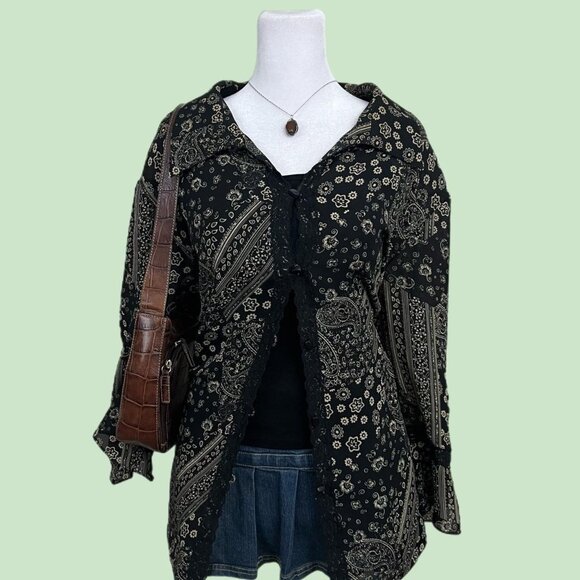 vintage 90s black paisley plus size boho whimsygoth grunge button up over shirt - Picture 1 of 8